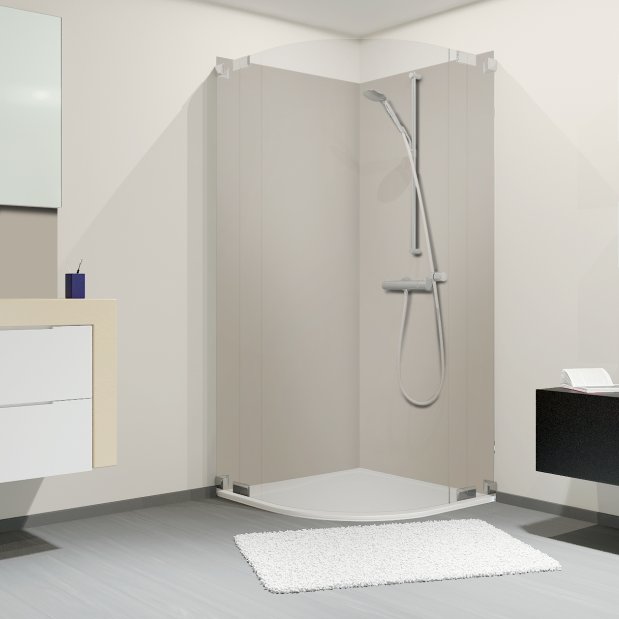 exemple de réalisation crédence de salle de bain tons gris