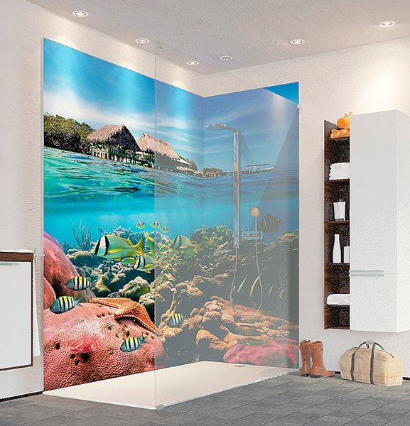 superbe panneau de douche avec un décors des îles